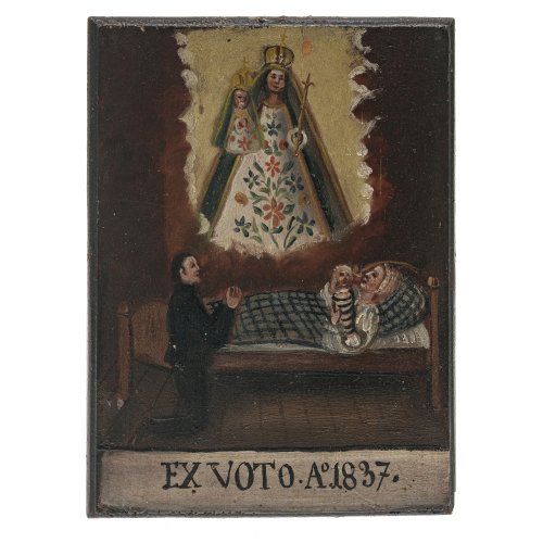 Votivtafel. Muttergottes mit Kind, darunter Votant mit kranker Frau im Bett. 18,5 x 13,5 cm. Dat. 1837.