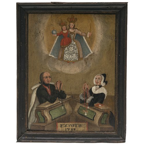 Votivtafel. Muttergottes mit Kind in Wolkenaureole, darunter zwei betende Votanten. 31,5 x 24,5 cm. Dat. 1708. Rücks. bez.