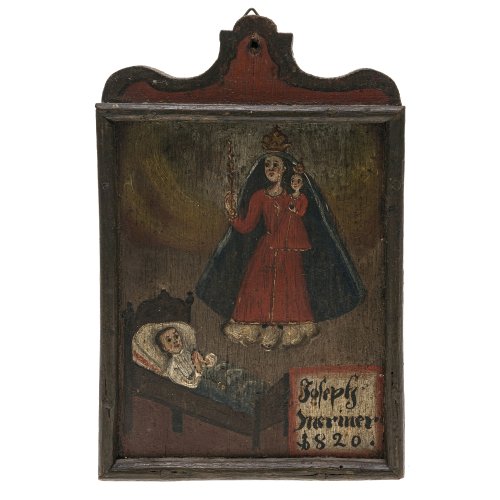 Votivtafel. Muttergottes mit Kind, darunter Kranker im Bett. 20 x 12,5 cm. Dat. 1820.