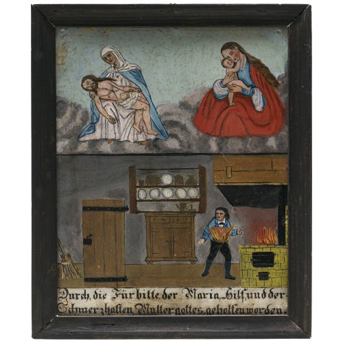 Votivtafel. Süddeutsch, 19. Jh. Pieta und Maria Hilf in Wolken, darunter brennder Mann in der Küche. Öl//Weißmetall. 37,5 x 30,7 cm.