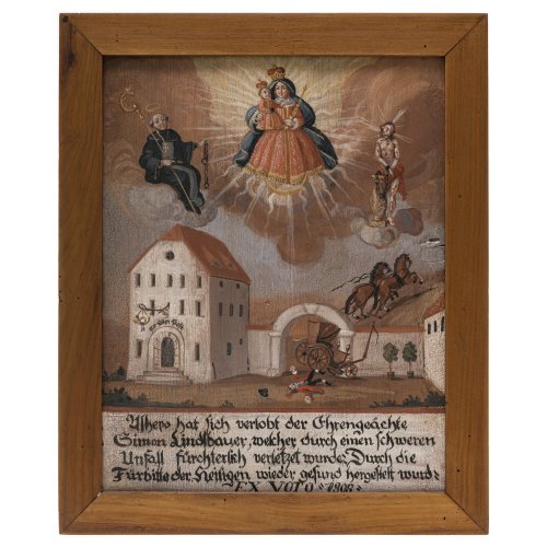 Votivtafel. Muttergottes im Strahlenkranz, daneben der hl. Leonhard und der Christus an der Geißelsäule. Darunter Gasthaus zur Alten Post, gegenüber ein durchgehendes Fuhrwerk. 42,5 x 34,7 cm. Dat. 1808.