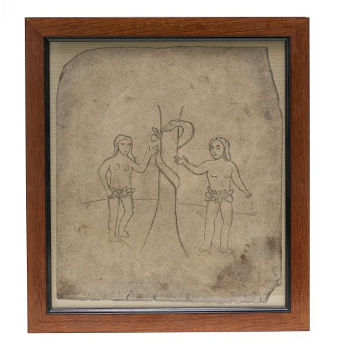 19./20. Jh. Riss für Hinterglasbild. Mischtechnik/Papier. Darstellung Adam und Eva im Paradiesgarten. Besch., Alterungsspuren. Gerahmt und hinter Glas. Ca. 27 x 23 cm.