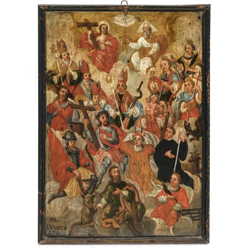 Votivtafel. Bayern, 18. Jh. . Darstellung der vierzehn Nothelfer, darüber in einer Wolkenaureole Christus, Gottvater und der hl. Geist. 58 x 41,5 cm. Dat. 172(2?). Rest.