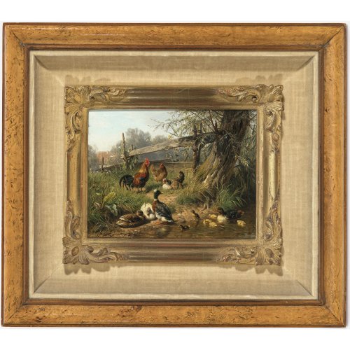 Carl Jutz, Hühner und Enten an einem kleinen Teich. Öl/Holz. 18 x 22,5 cm. Unles. sign.