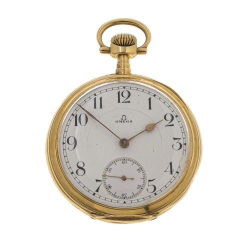 Goldene Taschenuhr, OMEGA, Emaille-Zifferblatt