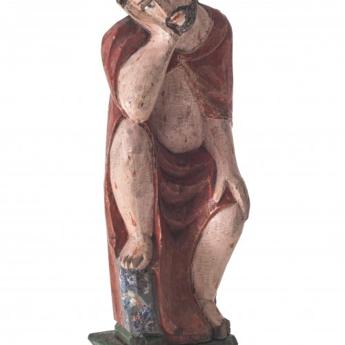 Christus in der Rast. Süddeutsch. Holz, Farbfassung. H. 22 cm.