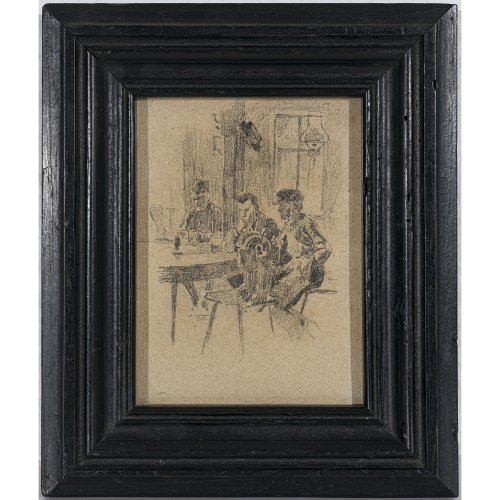 19./20. Jh. Drei Männer in Wirtshaus. Bleistift/Karton. Unsign. Gerahmt und hinter Glas. Ca. 14 x 11 cm.