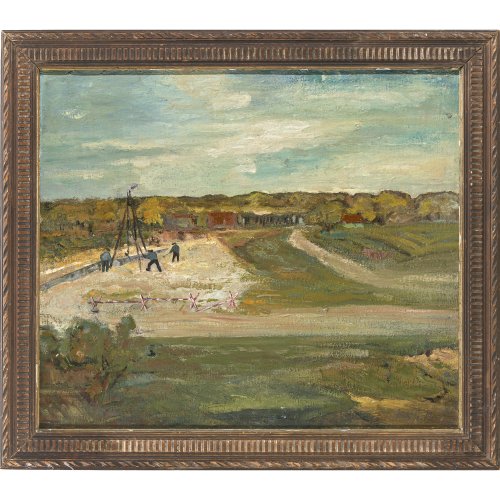 Deutsch, 20. Jh. Drei Arbeiter in weiter Landschaft am Fluss. Öl/Leinwand/Hartfaserpaltte. 51,1 x 60,1 cm. Monogr. K.W.S. Verso datiert und lokalisiert.