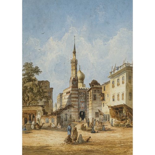 Georg Geyer. Orientalischer Marktplatz. Aquarell/Papier. BA: 44,1 x 31,5 cm. Signiert. Datiert 1872.