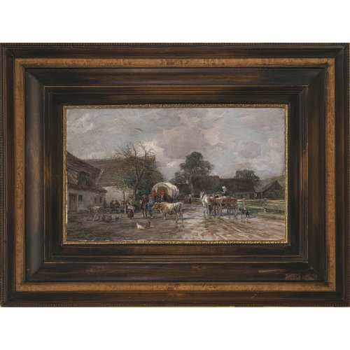 Karl Stuhlmüller. Vor dem Dorfgasthaus, Öl/Platte. 34,5 x 56,5 cm. Signiert.