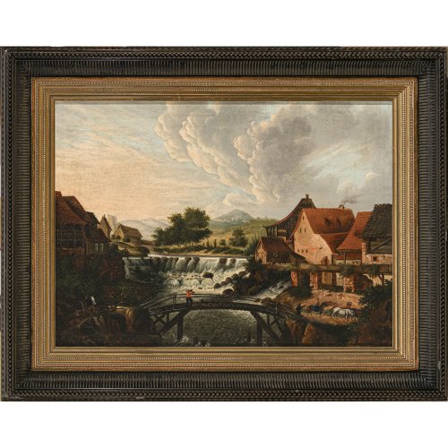 Deutsch, 19. Jh. Blick auf eine Brücke mit Figurenstaffage und einen Wasserfall . Öl/Platte. 37,3 x 49,5 cm. Alterungsspuren.