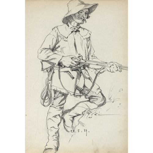 Bek-Gran, Hermann, zugeschrieben. Zwei Zeichnungen. Kleiner Bub auf Zaun und junger Jäger auf der Pirsch. Bleistift/Papier. Ca. 28 x 20 cm. Dat. 