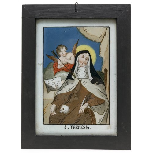 Hinterglasbild. Hl. Theresa. Seehausen. Farbablösungen, rest., leicht besch. 29 x 20 cm.