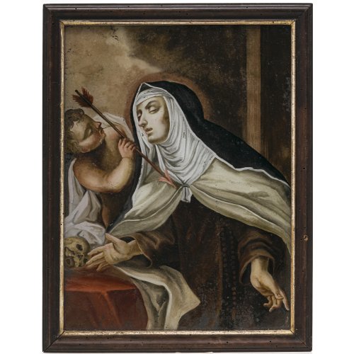 Hinterglasbild. Hl. Theresa. Augsburg. Min. Farbablösungen. 30 x 22 cm.