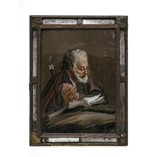 Hinterglasbild. Hl. Josef lesend. Rahmen mit Spiegelglaseinlagen (tw. besch.). Farbablösungen. 25 x 19,5 cm.