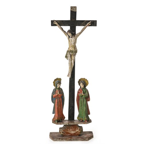 Kreuzigungsszene. Oberammergau. Holz, farbig gefasst. Besch. H. 33,5 cm.