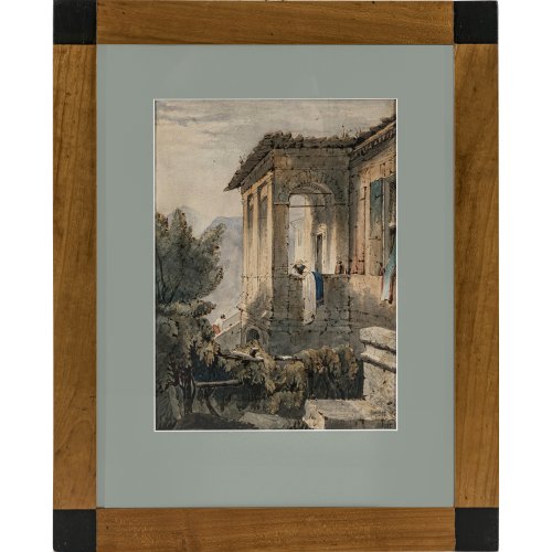 Löw, Daniel, 19. Jh. Blick auf die Villa des Petrarca in den Euganeischen Hügeln bei Padua.  Aquarell.  29 x 21 cm. Sign., dat. 18(13?).