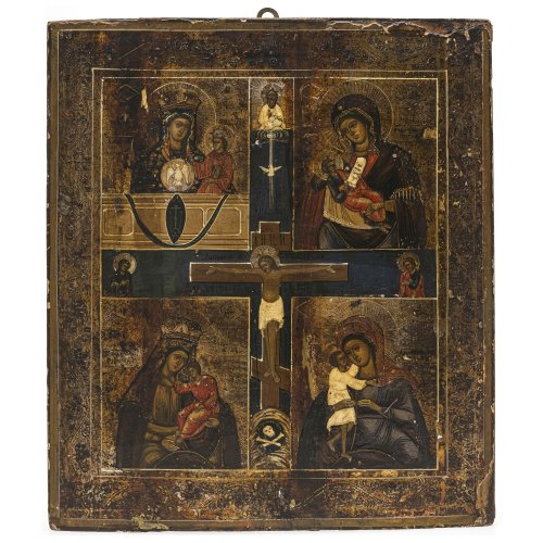 Ikone. Christus am Kreuz und vier Gottesmutterdarstellungen. Griechenland. Besch. 44 x 37 cm.