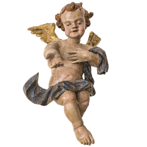 Putto mit Tuchdraperie. Alpenländisch. Holz, übergangene Farbfassung, Flügel vergoldet. Tw. berieben. H. 50 cm.