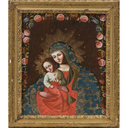 Spanien, um 1900. Madonna mit Jesuskind. Öl/Lw. 65 x 53 cm. Alterungspuren.