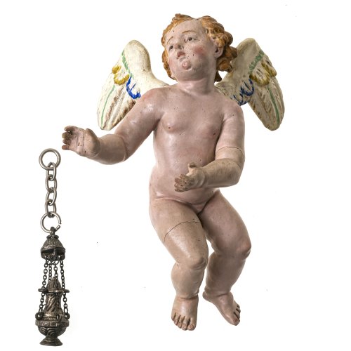 Krippenputto. Neapel. Terrakotta, farbig bemalt. Mit Weihrauchfass. Besch., rest. H. 14 cm.