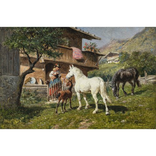 Braun, Louis. Mutter mit Kind vor Pferden auf der Koppel. Öl/Holz. 23,5 x 35,5 cm. Leicht best. Sign.