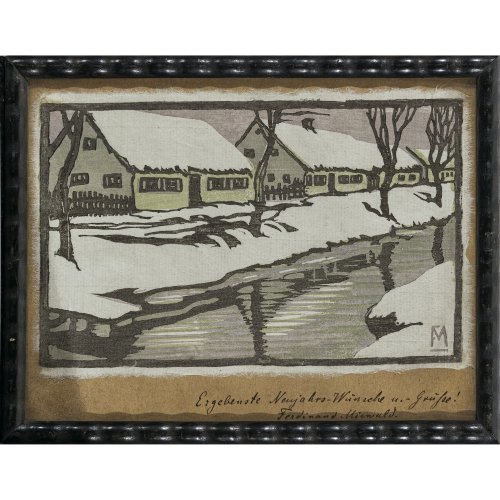 Mirwald, Ferdinand. Häuser am Bach im Winter. Kol. Holzschnitt. 13 x 21 cm.