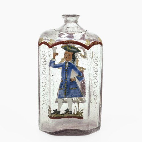 Schnapsflasche. Farbloses Glas, farbige Bemalung, Dame bzw. Herr. Min. berieben. H. 14 cm.