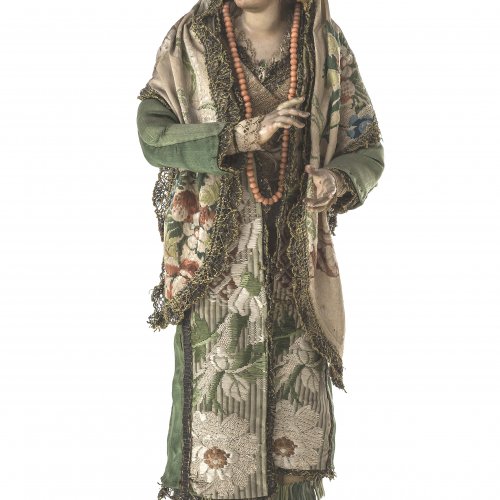 Krippenfigur. Orientalische Prinzessin. Neapel, 18. Jh. Originale Kleidung, Glasaugen. H. 35 cm.