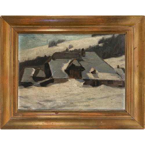 Deutsch, 20. Jh. Gehöft in Winterlandschaft. Öl/Holzplatte. 22,5 x 30 cm. Unsign., rücks. unleserl. bezeichnet. Leichte Alterungsspuren.