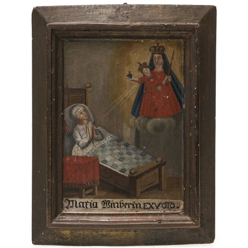 Votivtafel. Süddeutsch. Gnadenbild mit betendem erkrankten Votanten im Bett. Tempera/Holz. Leichte Alterungsspuren. Ca. 26 x 20 cm.