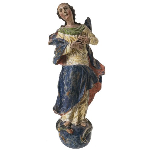 Maria Immaculata. Holz, übergangene Farbfassung. Berieben. Ohne Sockel. H. 39 cm.