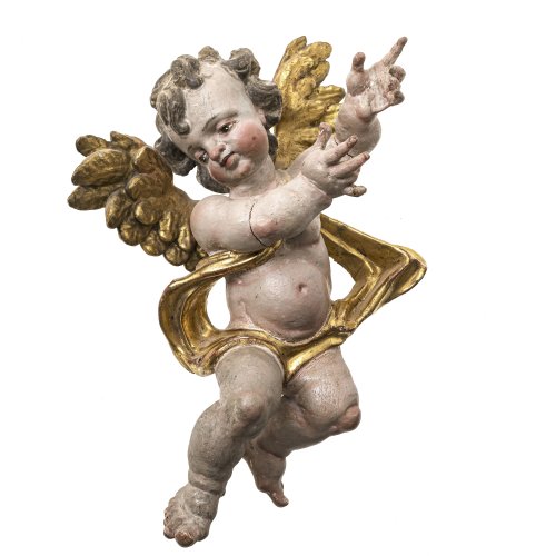 Putto. Süddeutsch. Holz, übergangene Inkarnat- und Goldfassung. Besch., Risse. H. 32 cm.