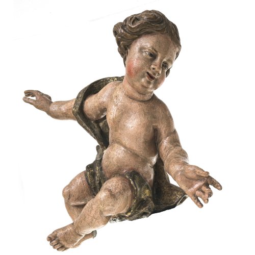 Putto in bewegter Haltung. Süddeutsch. Holz, übergangene Inkarnatfassung. Best., rest. H. 52 cm.