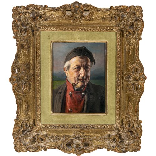 Binder, Alois. Porträt eines Pfeife rauchenden Mannes. Öl/Holz. 18 x 14 cm. Sign.