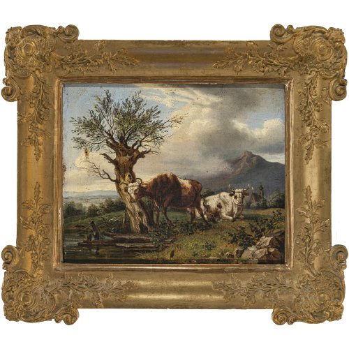 Süddeutsch, Anfang 19. Jh. Kühe vor Landschaft. Öl/Lw. 24 x 29 cm bzw. 25 x 35 cm. Lw. besch., Farbabsplitterungen, rest. Unsign.