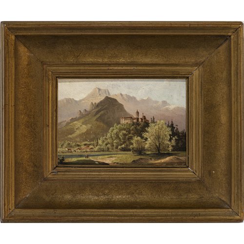 Chiemgau, 2. H. 19. Jh. Tal mit Bergkulisse und erhöhter klösterlicher Anlage. Öl/Holz. Unsign.  Kleine Farbabsplitterungen. 18 x 24 cm.