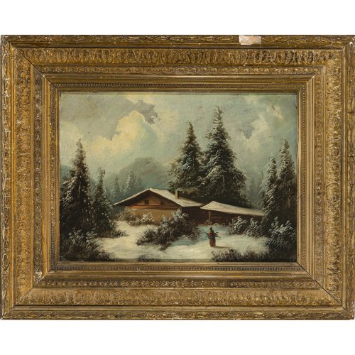 Deutsch, 19. Jh. Reisigsammlerin in winterlicher Waldlandschaft. Öl/Lw. Unsign.  32 x 40 cm. Leinwand teilweise löchrig, starke Vergilbung.