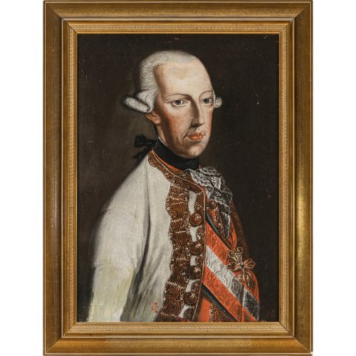 Österreich, 18. Jh. Dreiviertelporträt des österreichischen Kaisers Joseph II. oder seines Bruders Leopold II. in Halbfigur. Öl/Lw. 61 x 42 cm. Unsign. Alterungsspuren. Riss, kleine Löcher und rest. (Stirn).