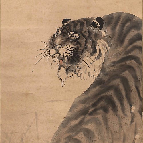 Rollbild. Japan, 19. Jh. Tiger im Mondschein. L.197 cm.