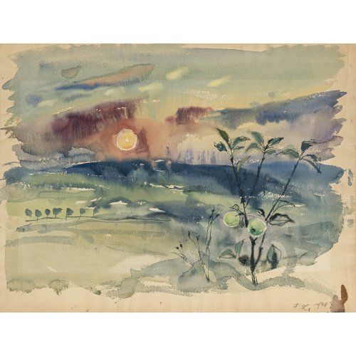 Högner, Franz. Landschaft bei Sonnenuntergang. Papier leicht besch. Aquarell. 46 x 60,5 cm. Monogr.