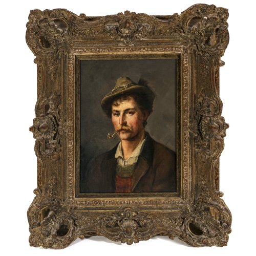 Defregger, Franz von. Porträt eines Bauern mit Pfeife. Öl/Holz. 33 x 23,5 cm. Rest. Sign.