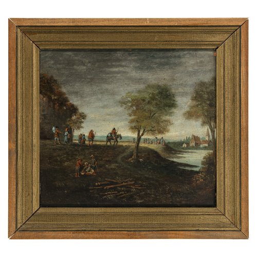 Monogr. R.N., Niederlande. Flusslandschaft mit Bauern. Öl/Holz. 22 x 24,5 cm.