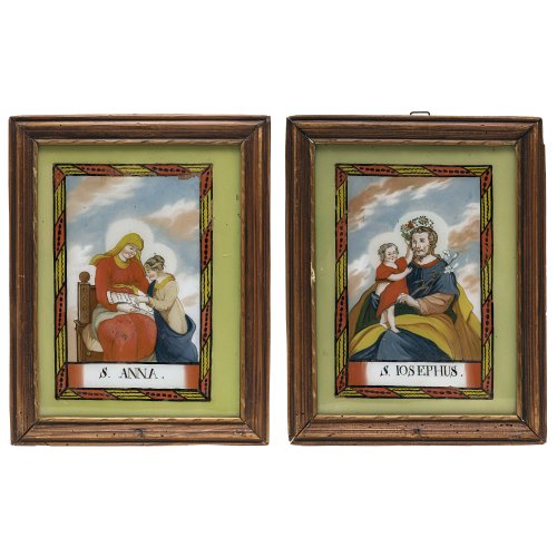 Zwei Hinterglasbilder. Murnau (Familie Gastl), 19. Jh. Zwei Darstellungen, Hl. Joseph mit Jesuskind und Hl. Anna lehrt Maria das Lesen. Tempera/Glas. Jeweils 24,5 x 18 cm. Farbablösungen.