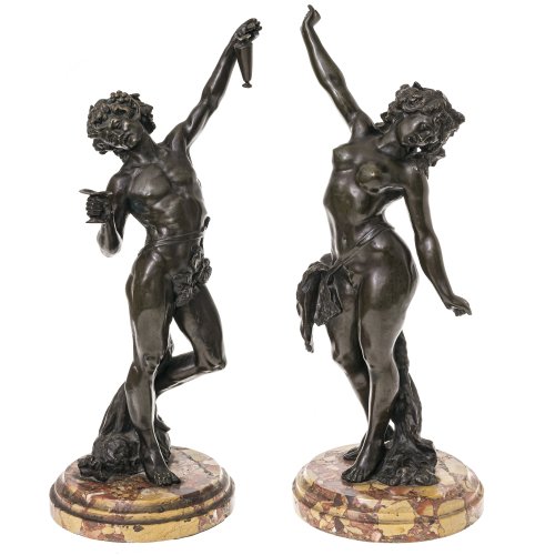 Marin, Jacques, zugeschrieben. Bacchantenpaar. Zwei Bronzefiguren. Rest. H. 56-57 cm.
