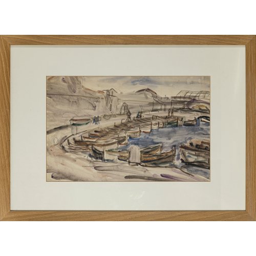 Frankreich, 20. Jh. Ansicht des Hafens von Marseille. Aquarell/getöntes Papier. Ca. 31 x 49 cm. Atelierspuren.