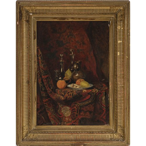 18.19. Jh. Unles. sign., Hortense..de. Stillleben mit Früchten und Flaschen auf ein Tuch drapiert. Öl/Lw. 35 x 24 cm. Dat. 18..(?).