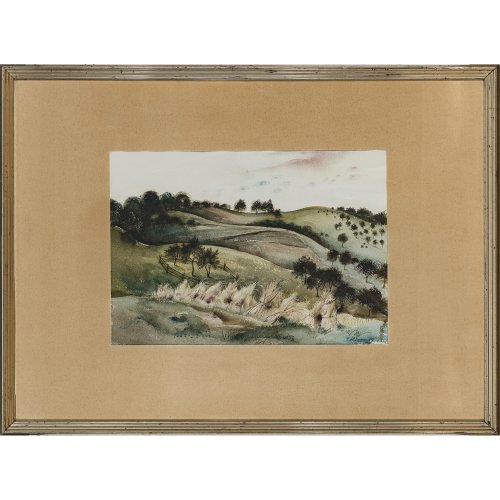 Högner, Franz. Hügelige Landschaft mit Heumandln. Aquarell/Papier. Ca. 28 x 40 cm. Sign. und dat. 