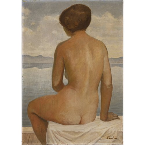 Fuchs, Otto. Sitzender Rückenakt eines Mädchens an einem See. Mischtechnik/Hartfaser. 70 x 50 cm. Sign.