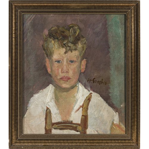 Groeber, Hermann. Halbporträt eines blonden Buben in Lederhose. Öl/Lw. 40 x 35,3 cm. Sign.